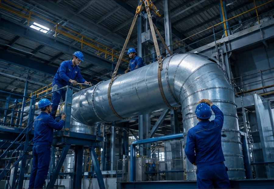 Equipe técnica realizando a montagem de um sistema industrial